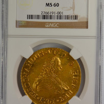 1751 SO-J Chile 8 Escudos Gold Coin NGC MS-60 Santiago Mint