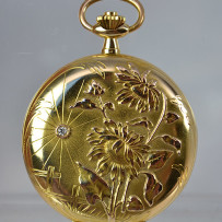 Movado Grand Prix 18K Solid Gold Diamond Sunflower Motif Hunter Pocket Watch c.1910